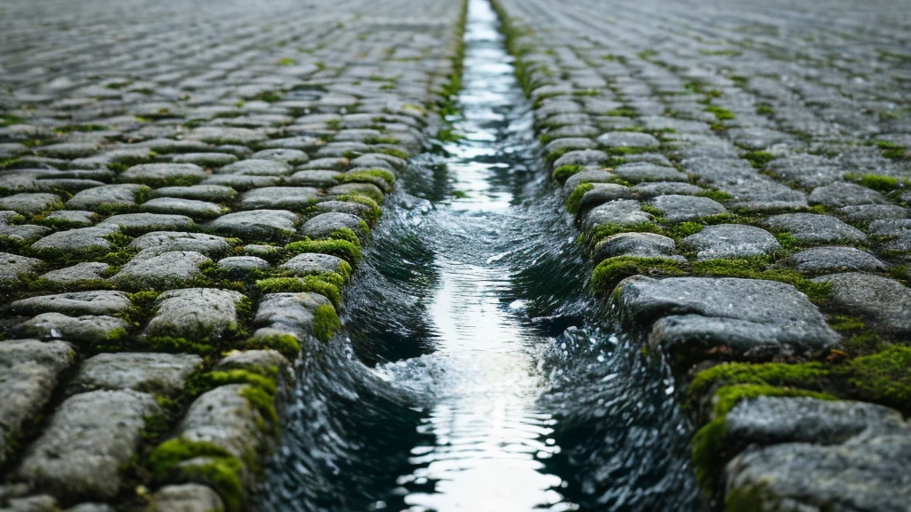 Close-up of flowing water from water surface perspective，cobblestone，