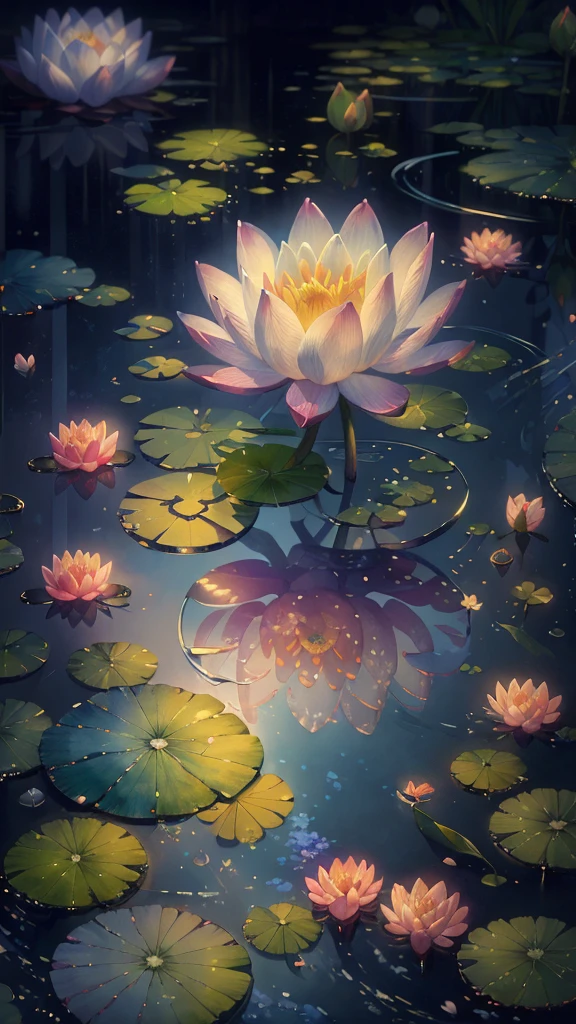(best quality,high resolution,masterpiece:1.1),Extremely detailed,CG Rendering,8k wallpaper,(Bright colors:1.2),Water Lily,Delicate petals,landscape,reflection