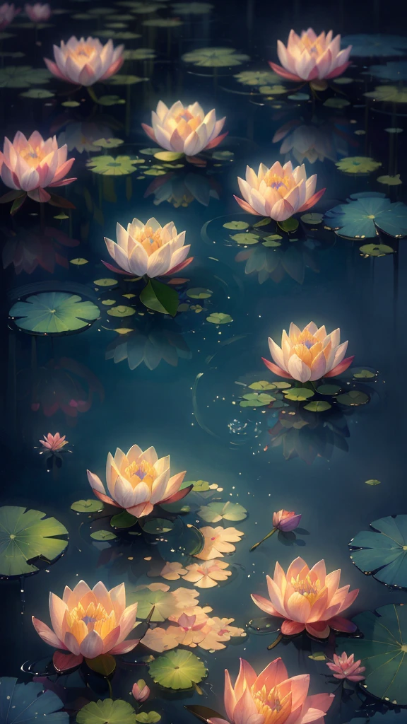 (best quality,high resolution,masterpiece:1.1),Extremely detailed,CG Rendering,8k wallpaper,(Bright colors:1.2),Water Lily,Delicate petals,landscape,reflection