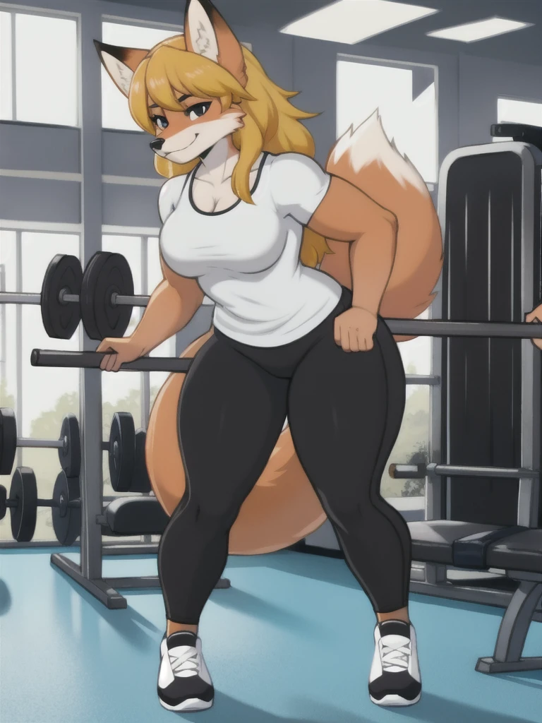 Furry, fox, female, white shirt, black leggings, shoes, gym, teen, full body