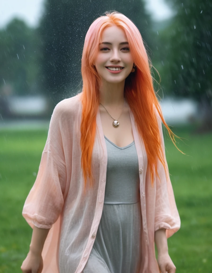 beautiful Woman with long pink hair, walking in the summer rain, ((in a city park)), ((fully clothed)),((rain)), (long orange summer dress,) light grey cardigan, ((orange dress)), bracelets, jewelry, beads, closeup fantasy with water magic, housewife, overcast, humid, tropical, summery palette, playful, gentle smile, clothes made of water, photorealistic, dripping wet hair, beautiful realistic photo, hyperrealistic fantasy photo, close up, narrow depth of field, 8k, ((drenched)), ((soaked)), (dripping water), heavy clothes, medium breasts, lawn, wet all over, pink hair, wet dripping hair, varied poses
