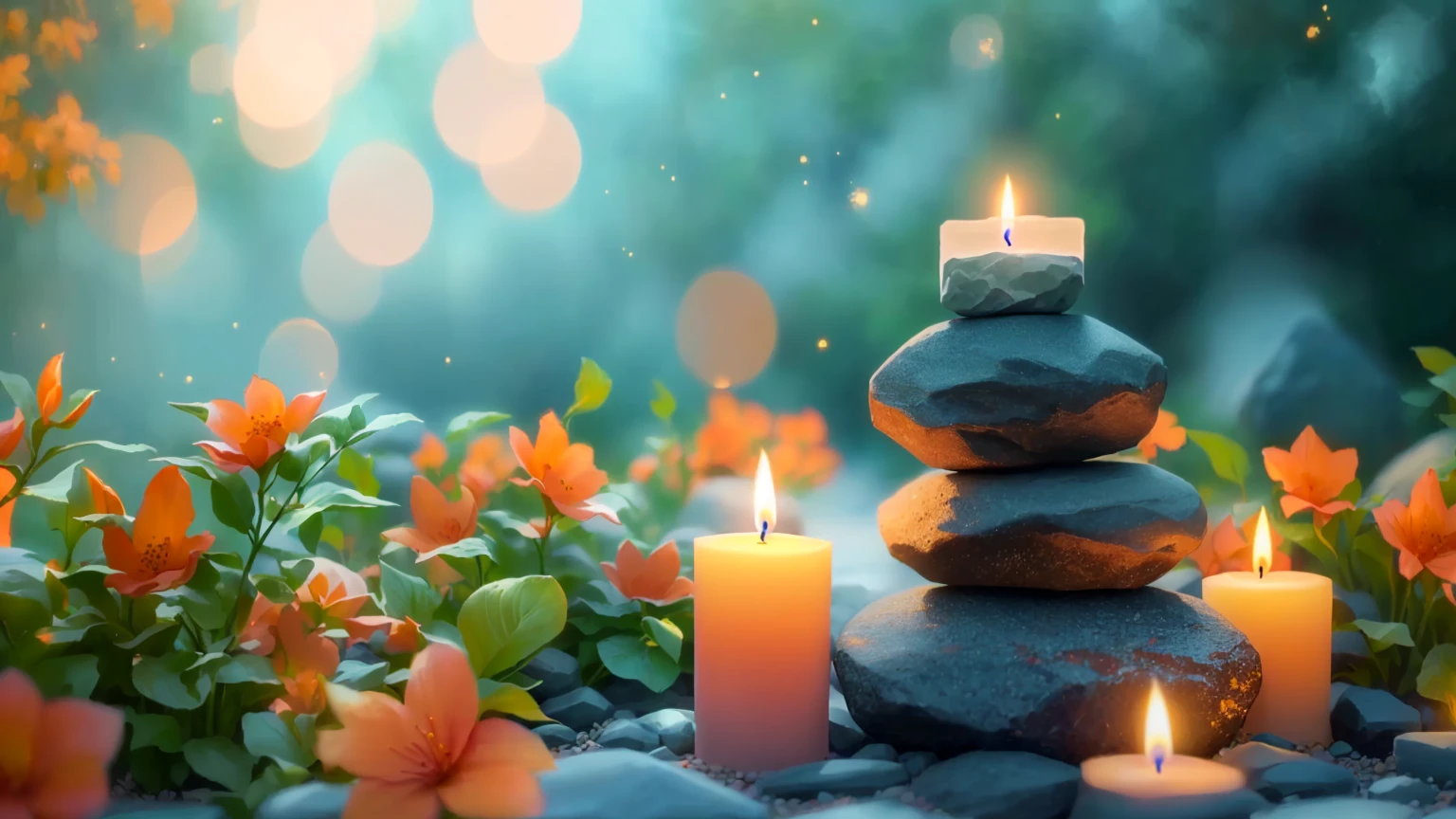 Two candles placed on a pile of rocks, Peaceful atmosphere, relax atmosphere, relax mood, relax environment, Zen Nature Background, relax calm vibes, Peaceful environment, Peaceful atmosphere, relax, Zen feeling, Calm evening atmosphere, Quiet environment, Peaceful mood, Warm and calm, Beautiful atmosphere, Peaceful and serene, Quiet and peaceful atmosphere