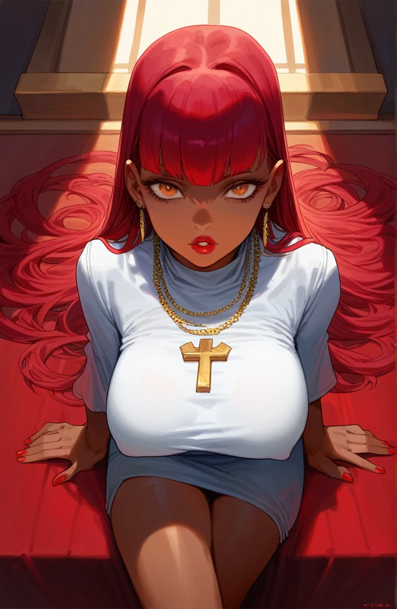 score_9, score_8_above, score_7_above, warm colors,Very detailed, red theme, (Bloom:1.2),vignetting, warm colors,
BREAK church, session on altar,rosario, necklace with a cross,
now robe, 1 girl, big breasts, Alone, Red hair, Thighs, jewelry, looking at the viewer, session, earrings, crossed legs, lips, best hips,shiny skin, precise tanning,dark skinned woman,
covered nipples, (head above:1.2),hanging breasts,
BREAK teething skin, parted lips, Red nails, red lips, Lipgloss,shadow, makeabove,
QUEBRAR
desde above, foreshortening,
