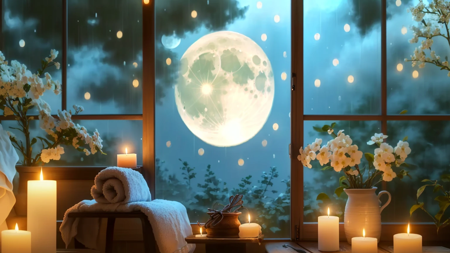 candles and towels are sitting on a window sill in front of a full moon, night with moon and candle, moonlit night dreamy atmosphere, moon and candle, sweet night ambient, full moon raining night, relaxing atmosphere, at night with moon light, relaxing mood, peaceful ambience, beautiful moon light, realistic moon in the background, blue moon ray tracing, moon lighting