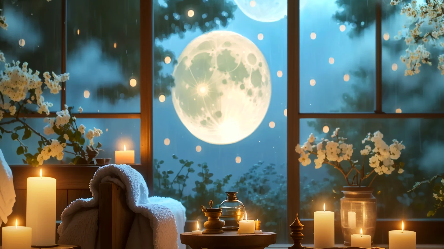 candles and towels are sitting on a window sill in front of a full moon, night with moon and candle, moonlit night dreamy atmosphere, moon and candle, sweet night ambient, full moon raining night, relaxing atmosphere, at night with moon light, relaxing mood, peaceful ambience, beautiful moon light, realistic moon in the background, blue moon ray tracing, moon lighting