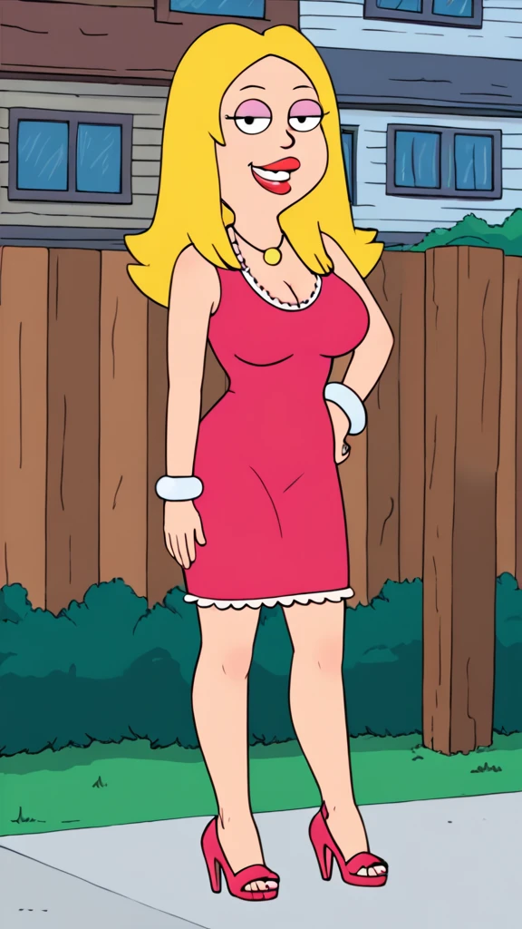 francine, flat color, blonde hair, 1girl, long hair, white braclet, large breasts, solo, necklace, cleavage, tight pink dress, short dress, red lips, standing, looking at viewer, outdoors, full-body, smile, open-toe high heels