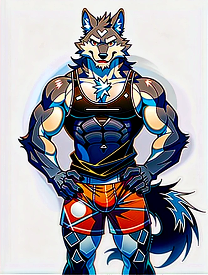 white background, front view, hands on hips, muscular male, male, furry, wolf, wolf ear, tail, beard, wearing tank top, wearing boxer briefs, looking at viewer, shy, smiling, happy