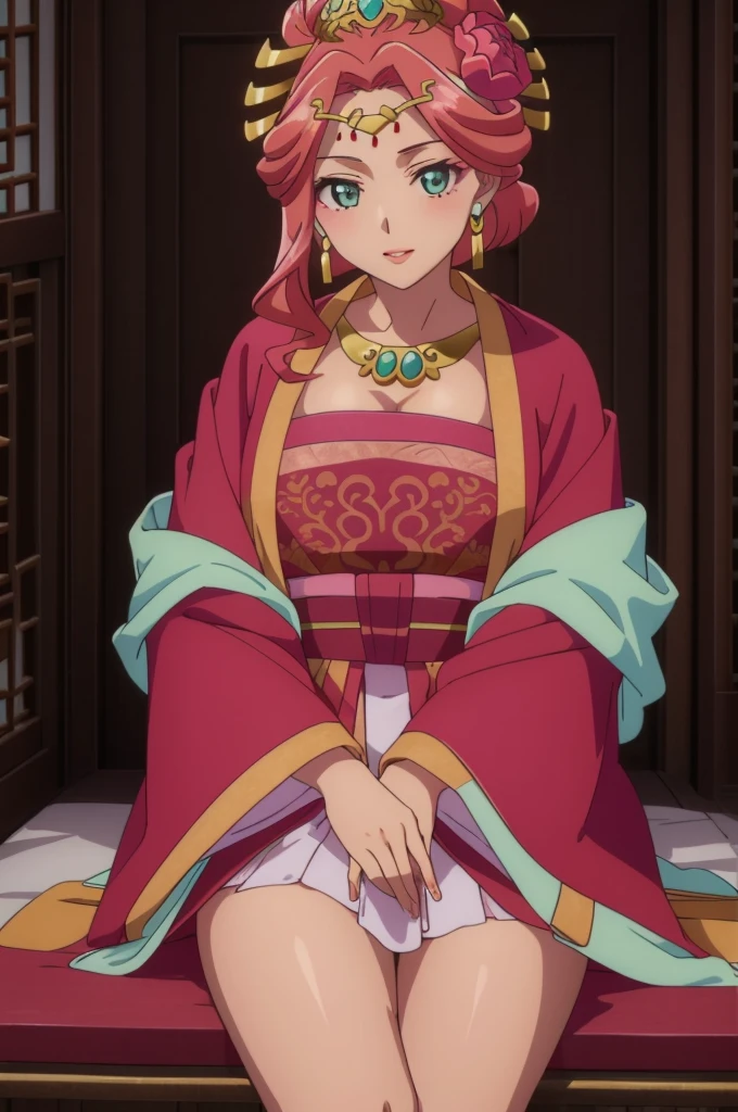 sitting,thighs,side slit,blush,parted lips,cleavage, 
yuyefei,solo,pink hair,earrings,hair ornament,hair flower,makeup,lipstick,green eyes,
necklace,hanfu,chinese clothes,red chinese clothes,pink dress,red dress,long sleeves,wide sleeves,red breasts curtain,
mother and daughter,mature female,blanket,baby,2girls,smile,, Exquisite visuals, high-definition,masterpiece,best quality,, Exquisite visuals,high-definition,masterpiece,best quality,18yo,Young female,Beautiful Fingers,Beautiful long legs,Beautiful body,Beautiful character design,white panties,