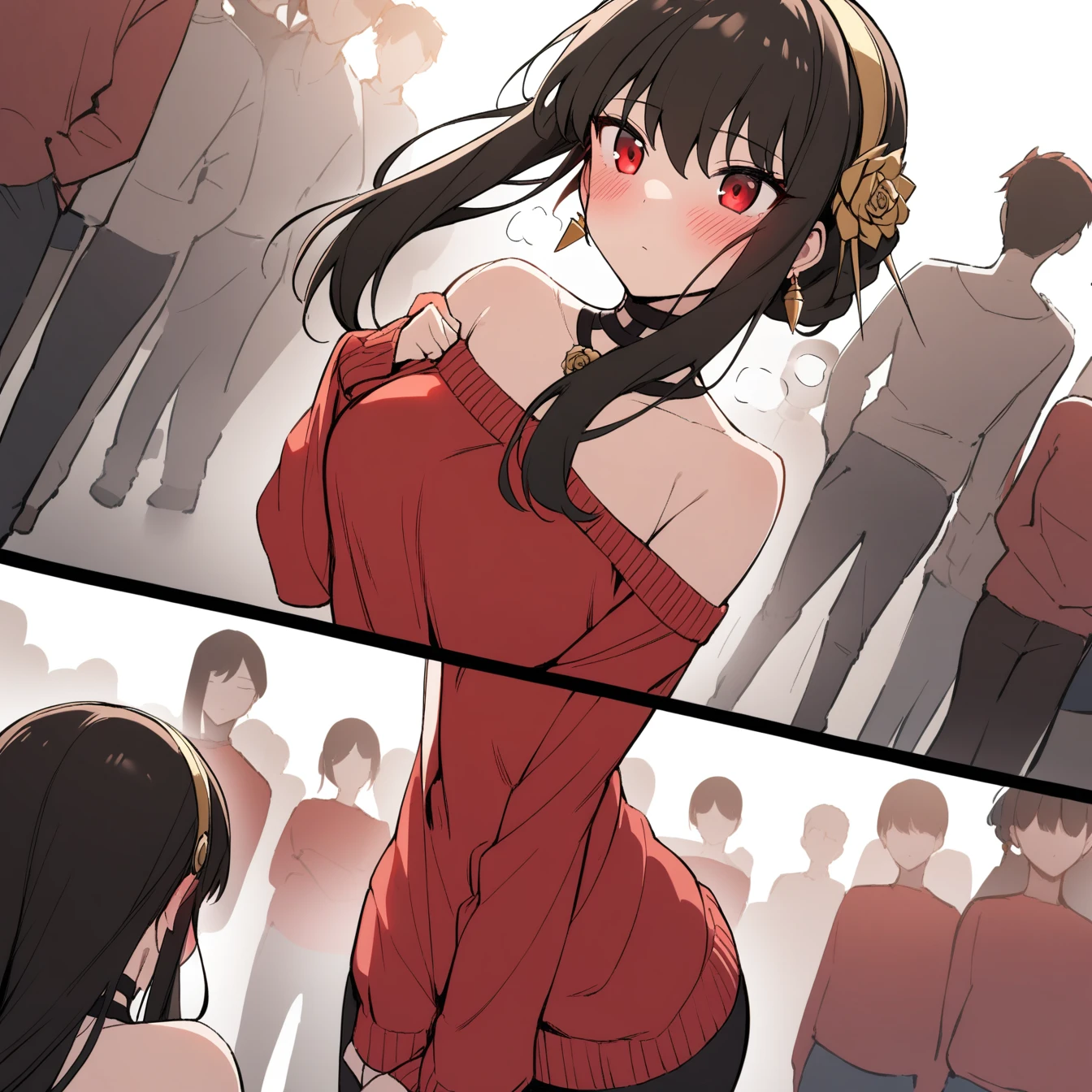 1 girl, yorbriar, yor briar,alone, audience, pure white background, blushing, red eyes, breathing, avatar, half body, comic style colorless, angle, masterpiece, best quality, red sweater,bare shoulders