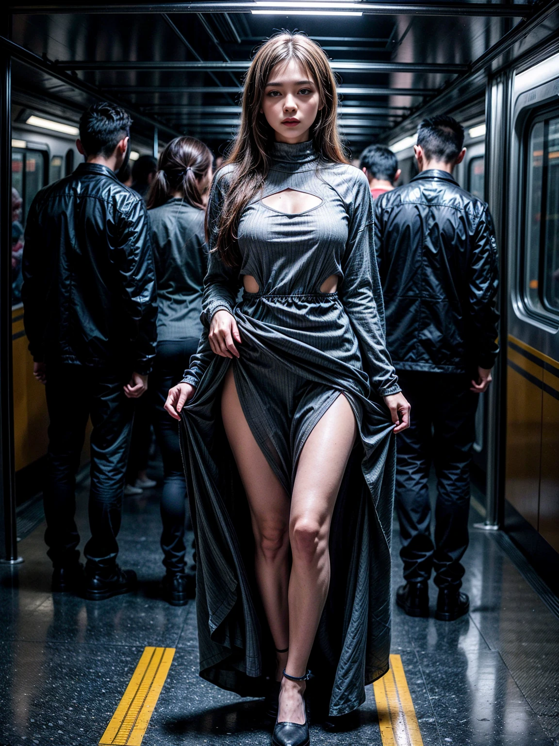 The image is a full-length portrait of a woman in a flowing blue dress. The dress features a high neck and long sleeves, with a large cutout on the back, and the fabric cascades down into a dramatic, floor-length train. The garment is crafted with waves and layers of fabric, creating a sense of movement and depth.