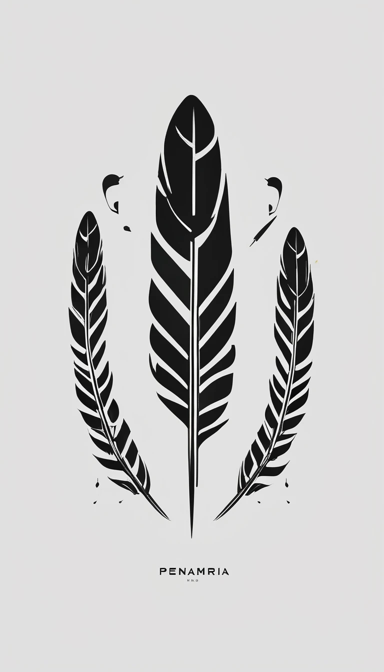 Create a symmetrial, abstract logo of two feathers and a boy. Create a feather as the special symbol for a brand called " Penamemoria". The logo should represent the companionship between a boy musician and a feather that symbolizes memories. Minimalist symbol design
