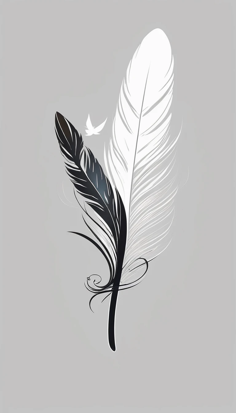 Create a symmetrial, abstract logo of two feathers and a boy. Create a feather as the special symbol for a brand called " Penamemoria". The logo should represent the companionship between a boy musician and a feather that symbolizes memories. Minimalist symbol design
