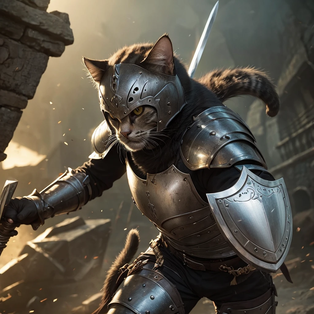 cat knight, Wearing armor, Angry face, Equipped with a sword and shield