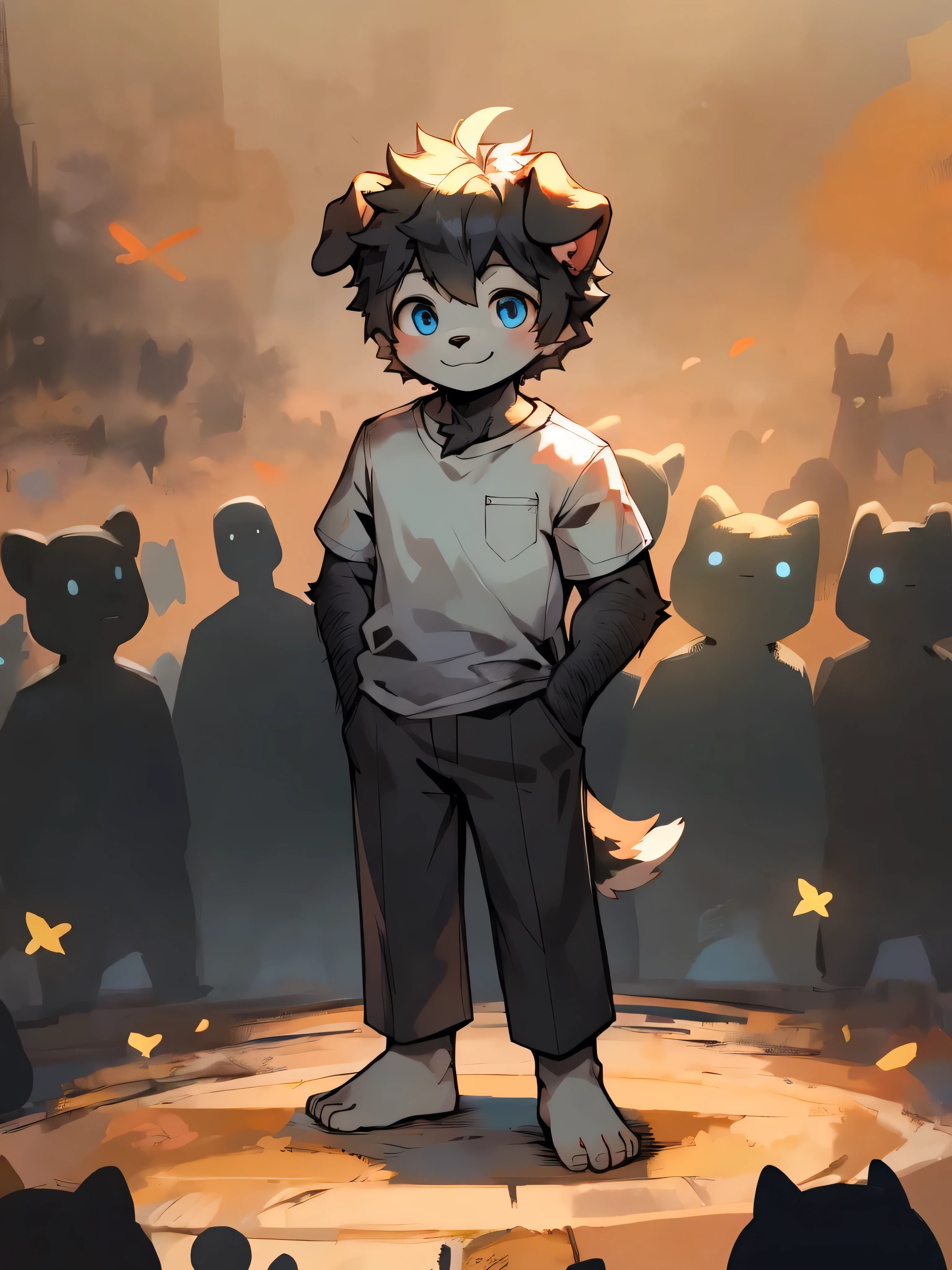 hairy，Dog Boy，Black fur，blue eyes，Single tail，short detailed hair, Suit, male, short, Smile, Eyes half closed,Q version， Handsome，Masterpiece， high resolution，8K，（（（独奏））），(T-Shirt，barefoot：0.6)，Looking at the audience，Viewing angle，Handsome&#39;s expression,