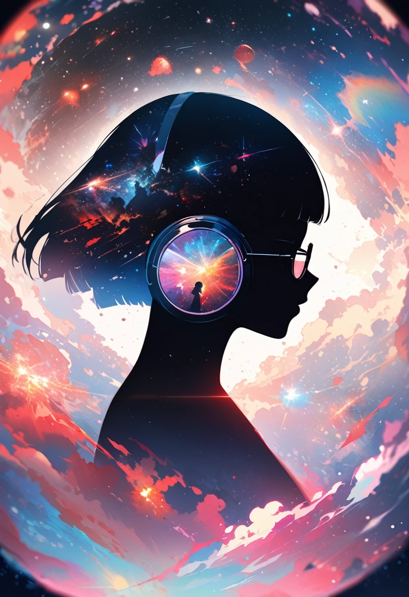 silhouette of a woman in profile.(super very short hair:1.3), blunt bangs, (((underrim glasses:1.3))), (headphones:1.3), Inside the silhouette you can see the double exposure with a deep space, universe, supernova explosion, masterpiece, ((double exposure)), proportional.,DOUBLE EXPOSURE