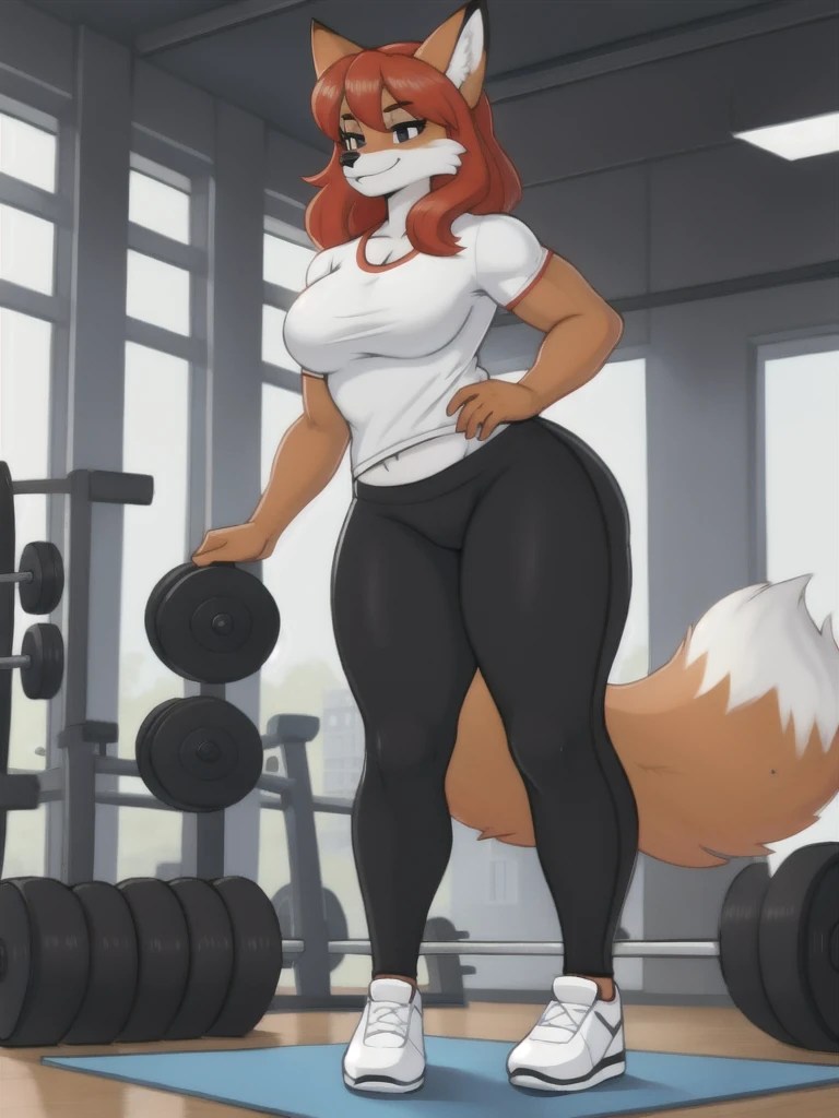 Furry, fox, female, white shirt, black leggings, shoes, gym, , full body