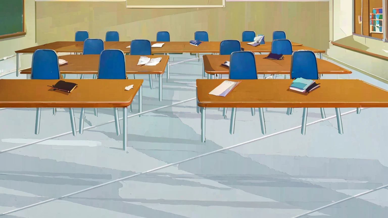there are many tables and chairs in a classroom with a chalkboard, classroom background, typical anime classroom, school classroom, classroom, classroom in background, sitting in the classroom, in a classroom, photo of a classroom, detailed school background, highschool background, workshop background, in a school classroom, school class, random background scene, student, office background, multiple desks