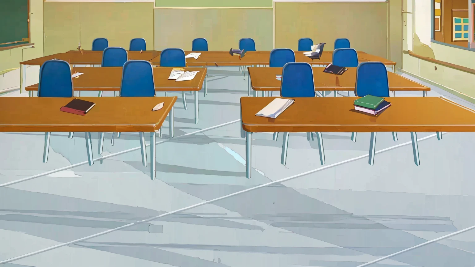 there are many tables and chairs in a classroom with a chalkboard, classroom background, typical anime classroom, school classroom, classroom, classroom in background, sitting in the classroom, in a classroom, photo of a classroom, detailed school background, highschool background, workshop background, in a school classroom, school class, random background scene, student, office background, multiple desks