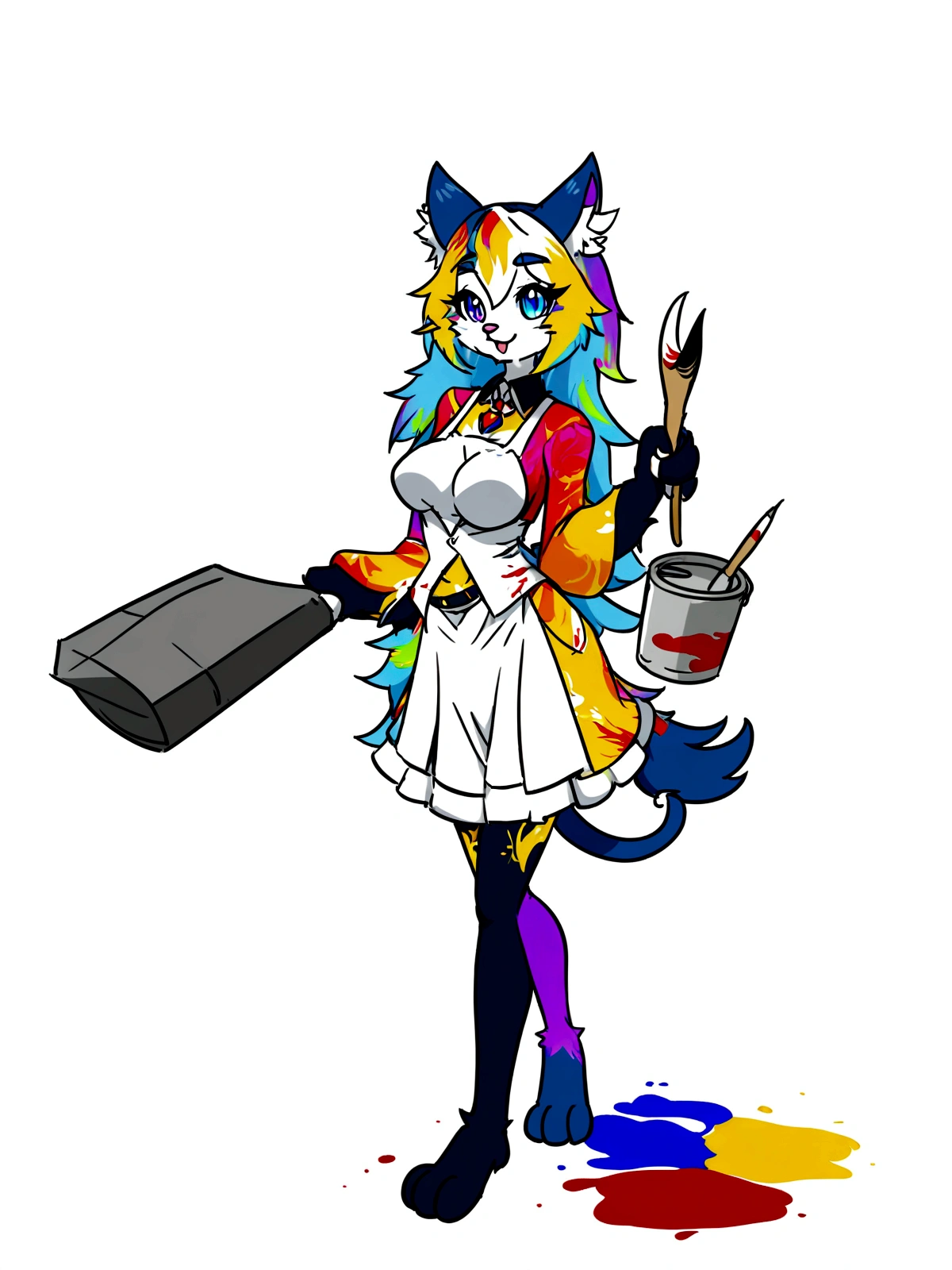 Anime girl with cat tail holding paintbrush and paint can, Farson art, アニメCat girl, female Farson, Farson!!!!, Holo is a wolf girl, Cat girl, Anime Color, Colorful sketch, very beautiful anime Cat girl, Art Nouveau Colors, Full Color, fur art!!!, beautiful アニメCat girl