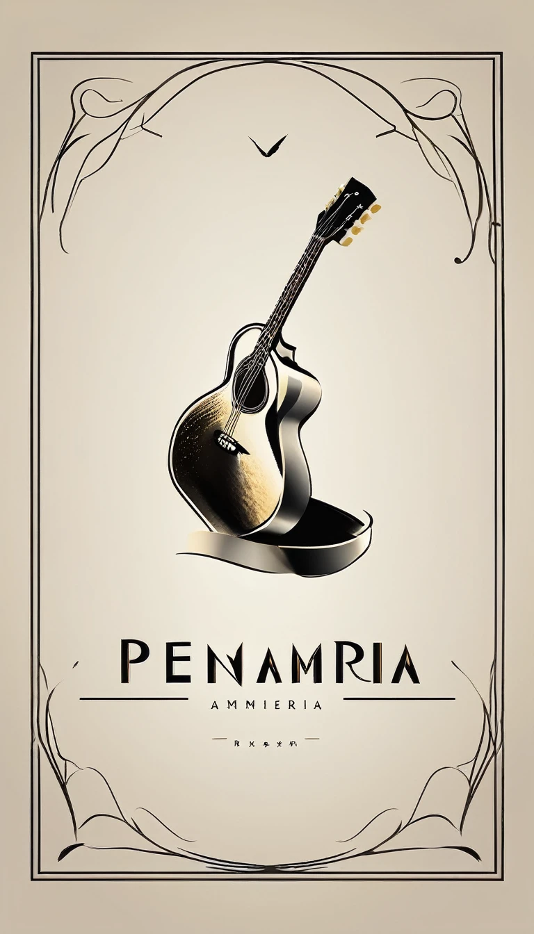 A minimal, modern, simple, cinematic logotype for the brand “Penamemoria". The logotype must be a simple, magical feather and a boy playing acoustic guitar. The logo must convey a sense of music, stories and dreams. Logo design impressed on a book cover. Minimalistic logo