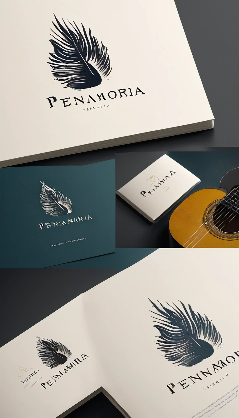 A minimal, modern, simple, cinematic logotype for the brand “Penamemoria". The logotype must be a simple, magical feather and a boy playing acoustic guitar. The logo must convey a sense of music, stories and dreams. Logo design impressed on a book cover. Minimalistic logo
