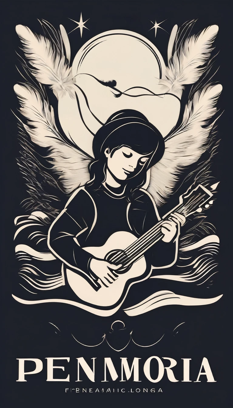 A minimal, modern, simple, cinematic logotype for the brand “Penamemoria". The logotype must be a simple, magical feather and a boy playing acoustic guitar. The logo must convey a sense of music, stories and dreams. Logo design impressed on a book cover. Minimalistic logo
