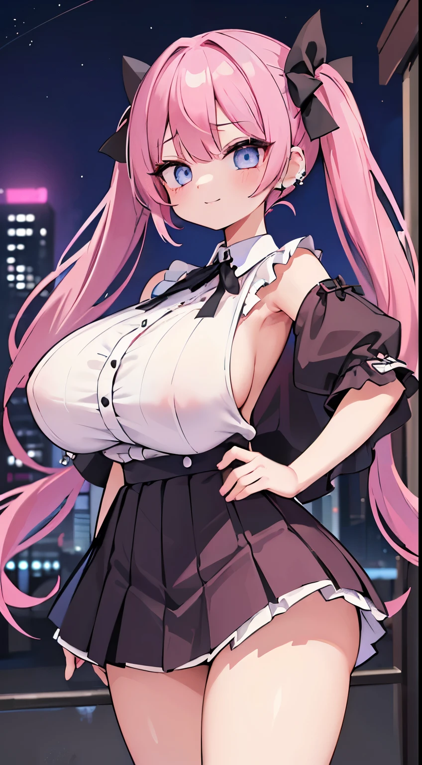 (masterpiece、top-quality、ultra-detailliert)、((1 girl))、((Pink hair twin tails))、light blue eyes、evilsmile、piercings、((very Bigger breasts))、jirai fashion、pink clothing、frilld、a black ribbon、Black miniskirt、cowboy shot、Downtown background at night
