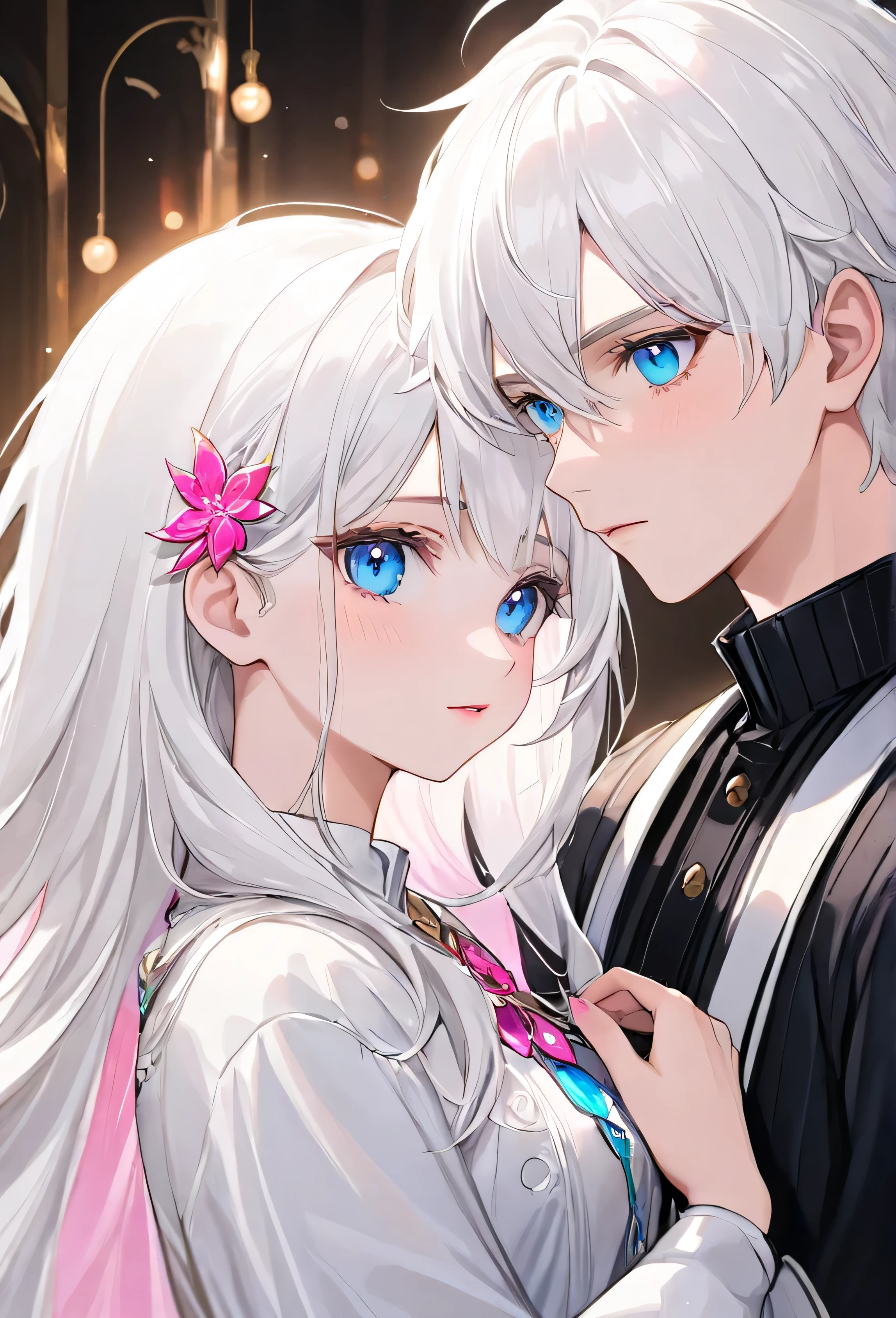 Couple 1 girl and 1 boy, white hair with pink tips, blue eyes, ultra-detailed, beautiful face,