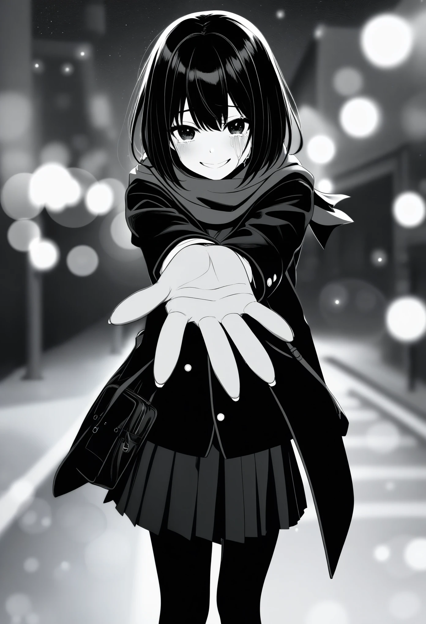 masterpiece, best quality, 1girl, oekakizuki, grayscale, manga style, japanese, chi no wadachi, black eyes, street, iced, black hair, schoolbag, smile, lineart, black coat, black scarf, black pleated skirt, leggins, centered, 18 years old, tall, fair skinned, bokeh background, crying, tears, tears streaming, bob cut, light particles, centered, snowing, (((reaching out a hand to viewer, perfect hand, detailed hand:1.1))
