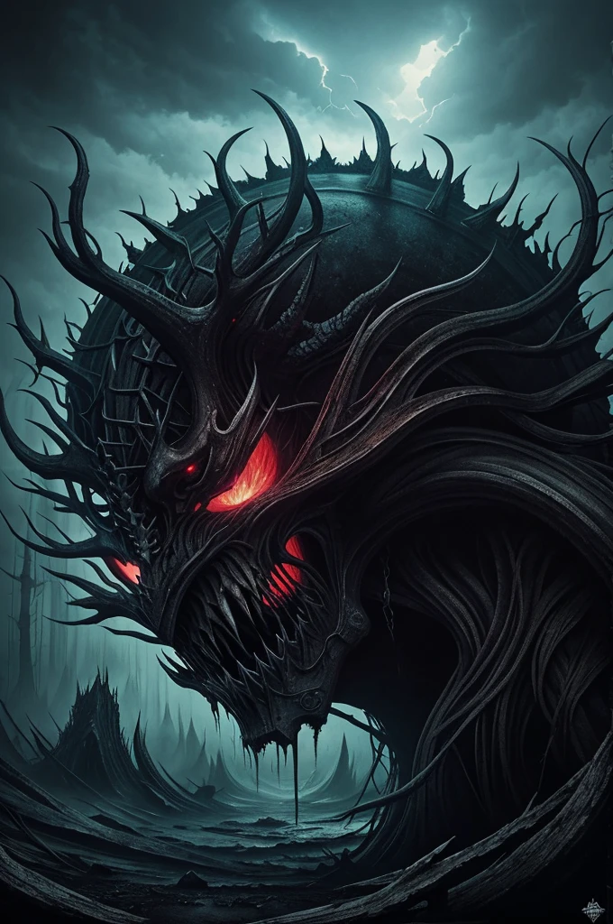 Create a melodic death metal cover with dark and surreal atmosphere, Strong color contrast, Distorted natural elements and detailed and elaborate artistic style, representing fury