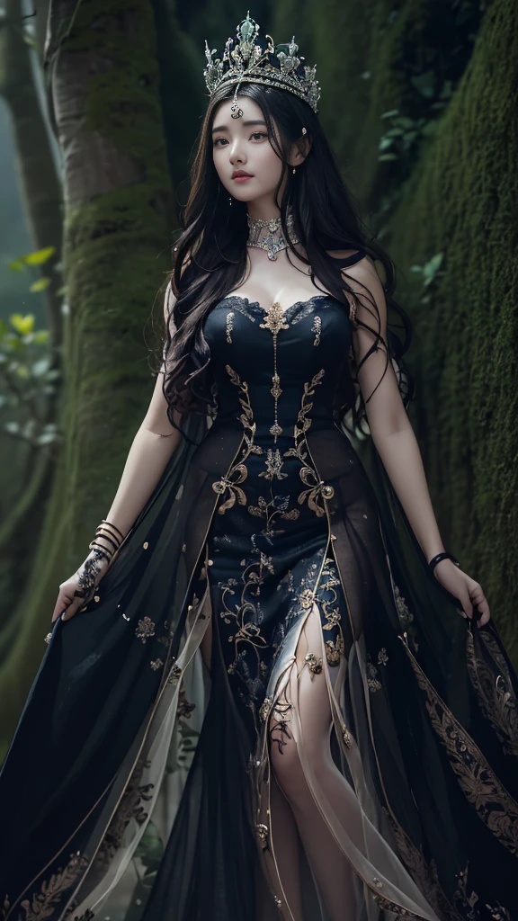 hyper realistic picture, a girl standing on the tree and wears a luxurious gothic dress. She has all dark for make up, and she looking at the bottom, camera angle at bottom on her toes. she absolutley stunning and having very long dark hair, wear queen dress with crown:1.1
