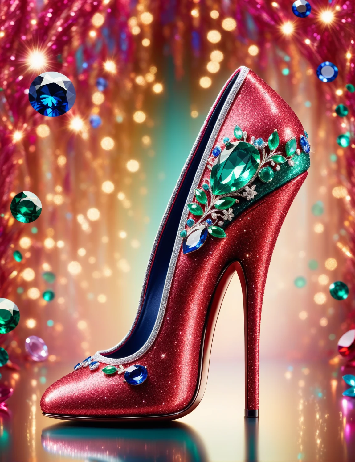 RedGlitter, dynamic shot of a beautiful ruby, emerald, sapphire and topaz high heel shoe , (up close:1.3), macro, dream world, bokeh, magical slipper