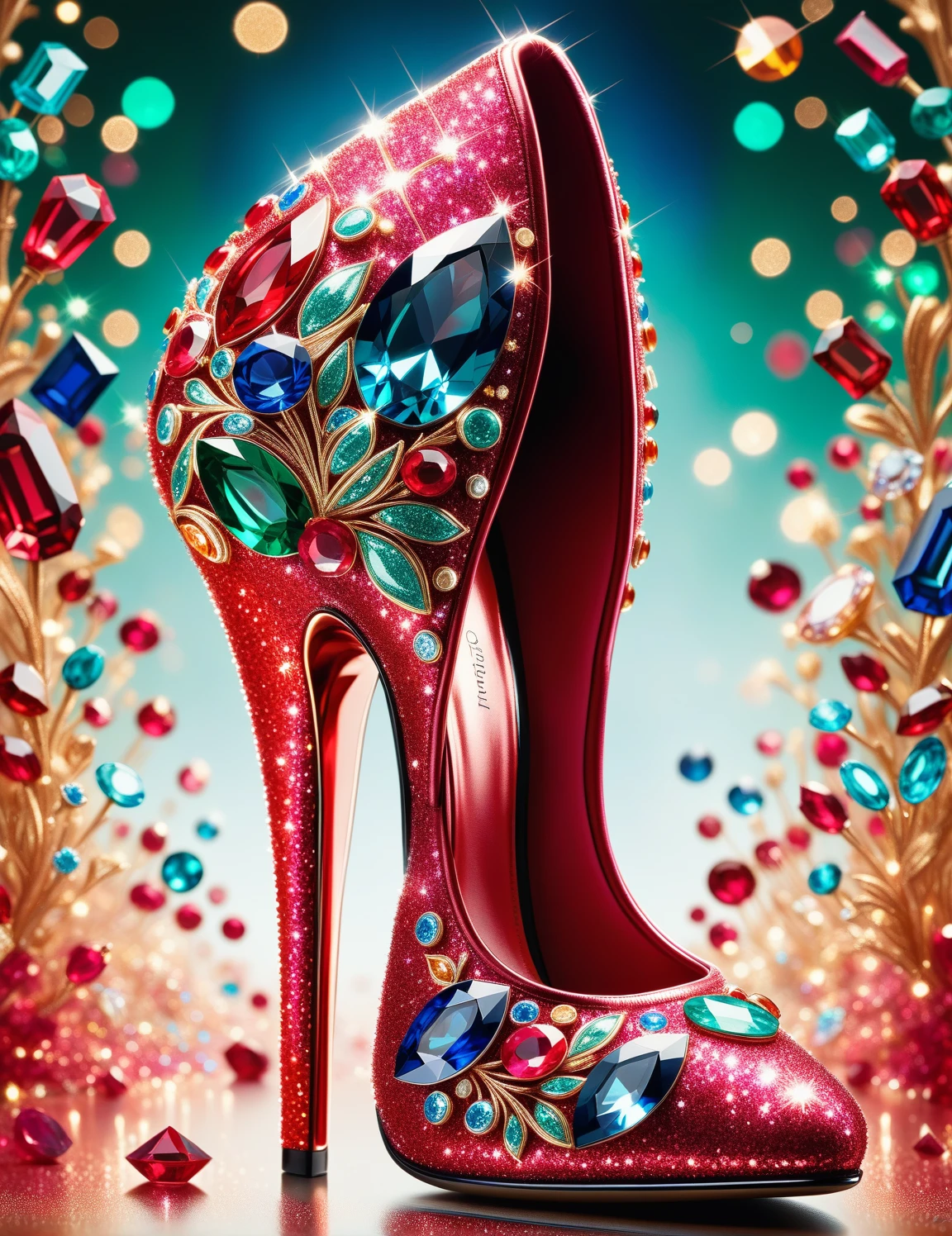 RedGlitter, dynamic shot of a beautiful ruby, emerald, sapphire and topaz high heel shoe , (up close:1.3), macro, dream world, bokeh, magical slipper