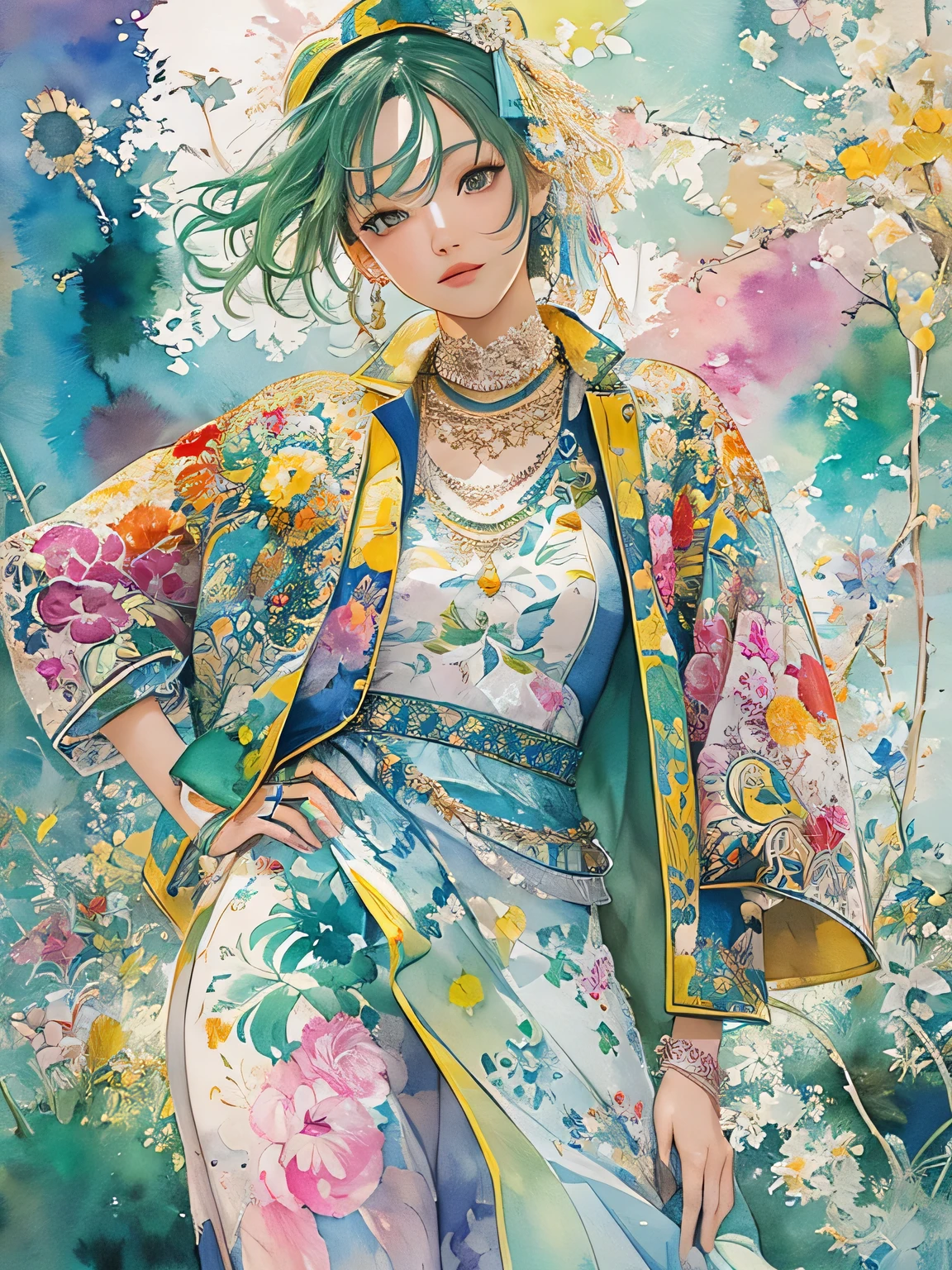 Masayo Style、(((stylish fashion))), 8K Quality、Intense watercolor, Detailed watercolor art, Watercolor splash, Surreal, avant-garde pop art, Beautiful and expressive paintings, Beautiful artwork illustration, Very colorful tones, wonderful, Cool beauty, highest quality、Official Art, Vector art, Stylish design, (((The most beautiful girl))), (((highest quality))), HDR, ((detailed)), (((Doodle Art)), ((masterpiece)), ((Super detailed)), (((Stylish))),