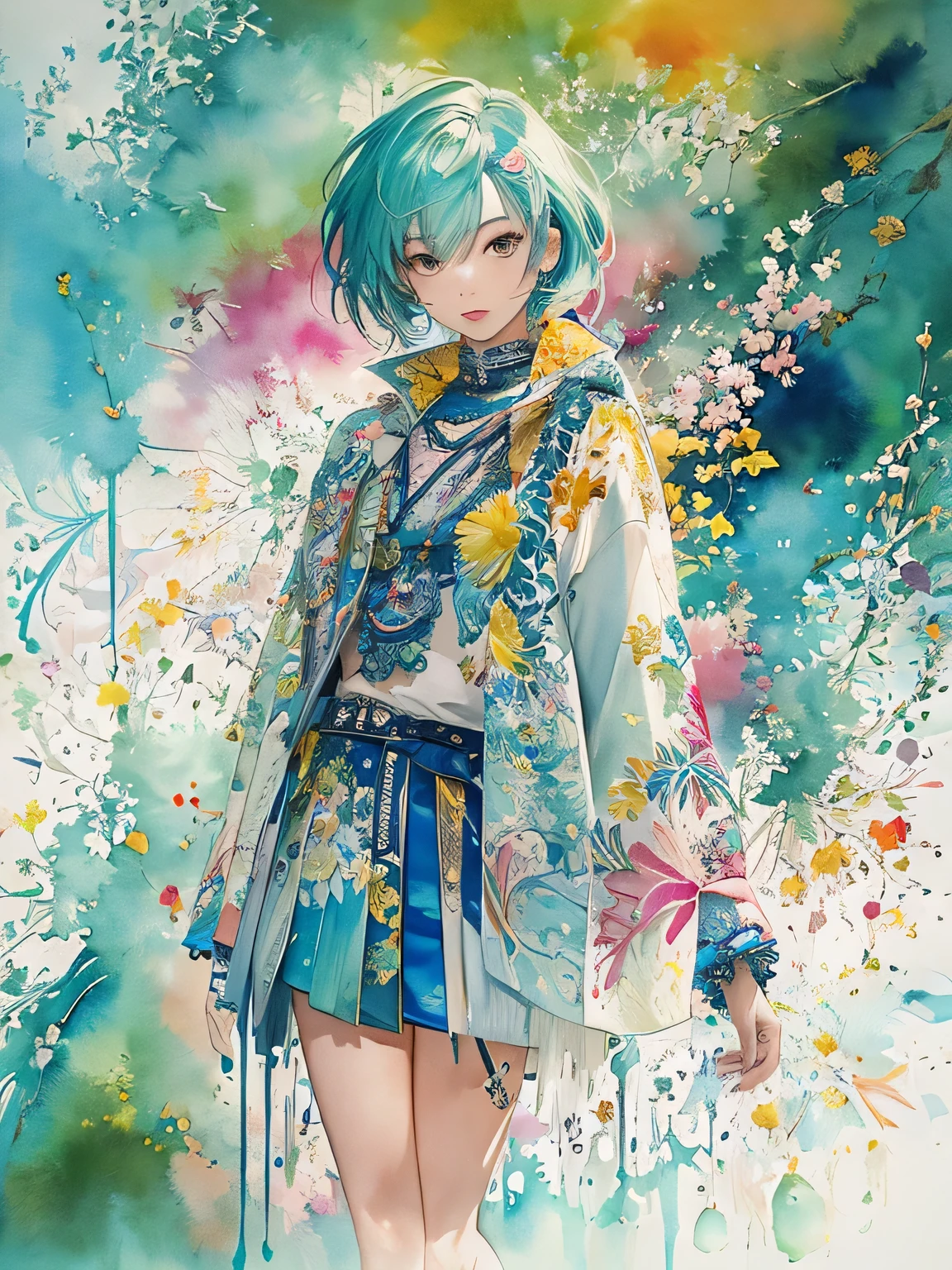 Masayo Style、(((stylish fashion))), 8K Quality、Intense watercolor, Detailed watercolor art, Watercolor splash, Surreal, avant-garde pop art, Beautiful and expressive paintings, Beautiful artwork illustration, Very colorful tones, wonderful, Cool beauty, highest quality、Official Art, Vector art, Stylish design, (((The most beautiful girl))), (((highest quality))), HDR, ((detailed)), (((Doodle Art)), ((masterpiece)), ((Super detailed)), (((Stylish))),