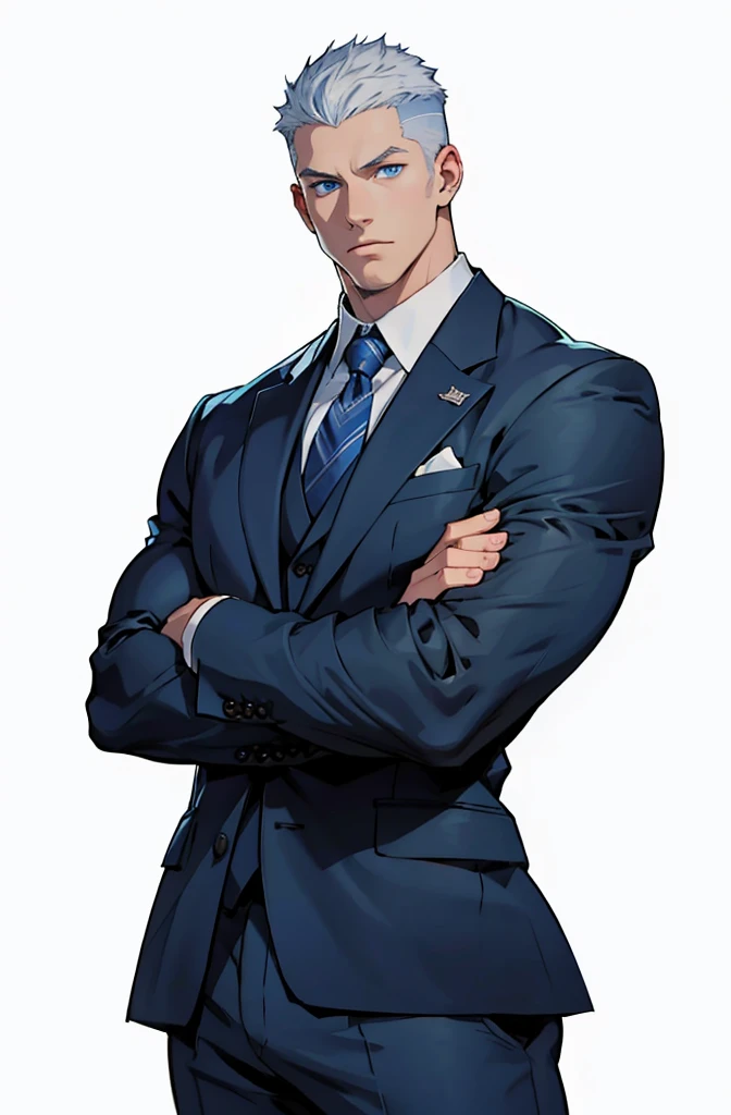 Drawing of a young Chad, Dark blue suit,tie， White shirt，Pants， Looking at the camera, male，Silver short hair，Blue Eyes，muscle，bodyguard,Light and Shadow
