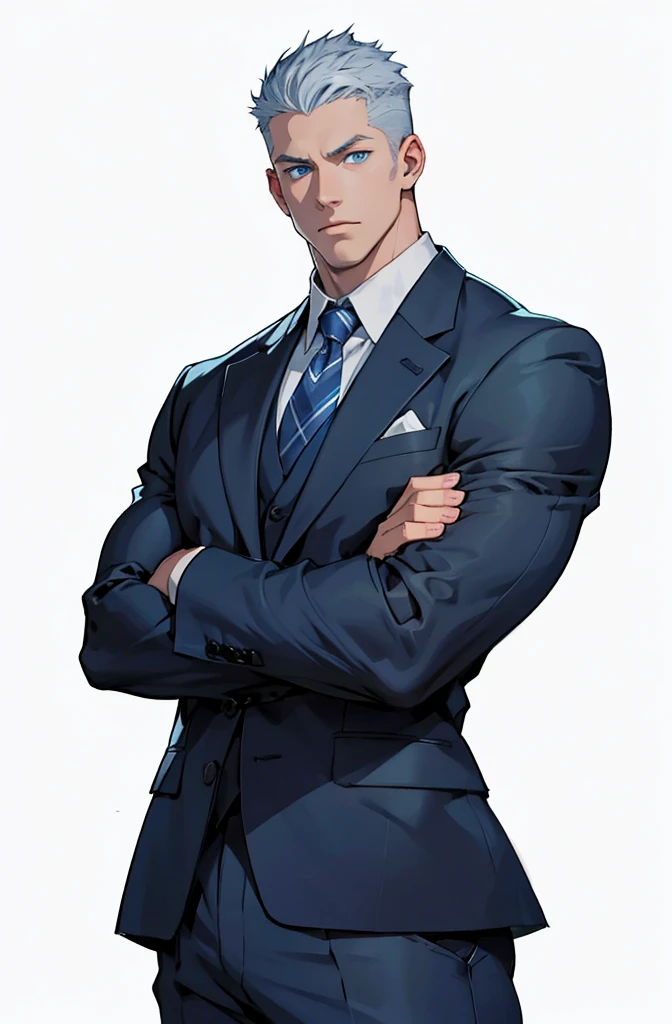 Drawing of a young Chad, Dark blue suit,tie, White shirt,Pants, Looking at the camera, male,Silver short hair,Blue Eyes,muscle,bodyguard,Light and Shadow