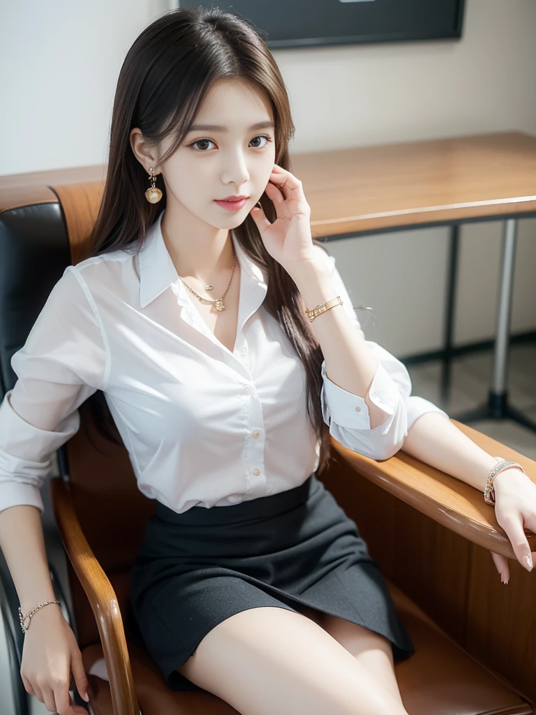 (((Practical photography))),, portrait, Korean，(arrogant的臉:1.3),, 1 girl，beautiful girl, arrogant,Sit in a large class chair , (necklace，earrings，bracelet:1.1), Button-down shirt and hip skirt,mini skirt , (cleveage:0.3),, At CEO&#39;office, (Environmental details:1.3),, (original photo, CG Unity, photography, ultra Practical details, Clear focus, Delicate skin,4K, high resolution, masterpiece, best quality, Practical, Full of energy:1.2),, (8K,4K, Ultra-high quality, high resolution, professional, Movie-like, , dramatic),Reasonable posture, 详细的office背景