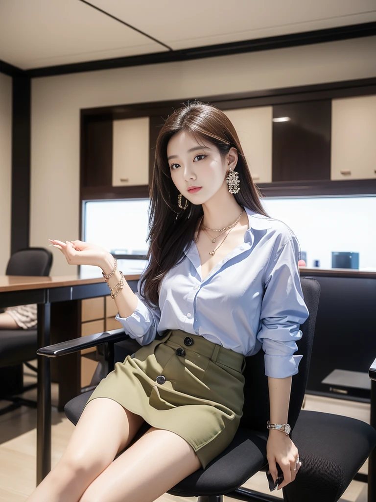(((Practical photography))),, portrait, Korean，(arrogant的臉:1.3),, 1 girl，beautiful girl, arrogant,Sit in a large class chair , (necklace，earrings，bracelet:1.1), Button-down shirt and hip skirt,mini skirt , (cleveage:0.3),, At CEO&#39;office, (Environmental details:1.3),, (original photo, CG Unity, photography, ultra Practical details, Clear focus, Delicate skin,4K, high resolution, masterpiece, best quality, Practical, Full of energy:1.2),, (8K,4K, Ultra-high quality, high resolution, professional, Movie-like, , dramatic),Reasonable posture, 详细的office背景