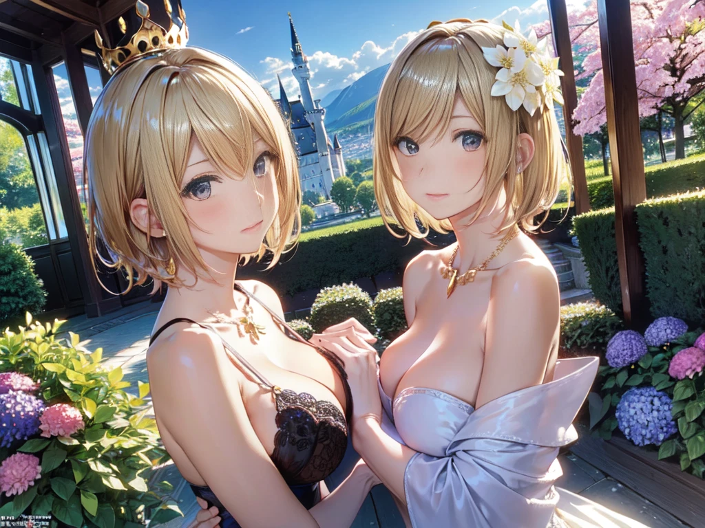 the same,
Depicts only one woman,
Golden Hair,
(Short Hair.05),Ashime,straight,
((Flower Hair Ornaments)),Purple Necklace,
Natural skin texture,Big ,Narrow waist,
(((Black)))One-piece dress,hydrangea pattern,Golden crown,
Neuschwanstein Castle,Germany,
Chaoyang,Outdoor,garden,flower bed,
Slightly larger breasts,expression(Puzzled),Resolute attitude,
Closed Mouth,blush,True Face,upright posture,Squint your eyes,
Natural depiction,
Beautiful depiction,
Shiny eyes,
Healthy Body,
Natural hairstyle,
Natural body contours,
Natural facial contours,
(Five fingers)A clear depiction of,Symmetrical fingers,
Two arms,Two legs,
Sharp eyelid depiction,
Keep the subject in the center,Expand the upper body,
Beautiful image quality,
Delicate shades,
4K,Very detailed,
Delicate light adjustment,
Delicate contour drawing,