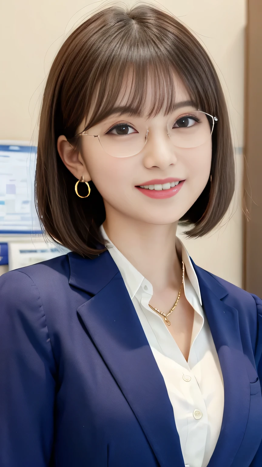 Highest quality:1.2), RAW Photos, High resolution, Very detailed, Intricate details, 、ear piercing、smile、Emphasis on teeth、、Short Haircut、Brown Hair、 Glasses、(Front view, ), Clear beauty, , (High quality fabric, Office Lady Suit 、Jacket、Unbuttoned shirt、 Necklace around the neck、The background is the office、Dark eyeliner