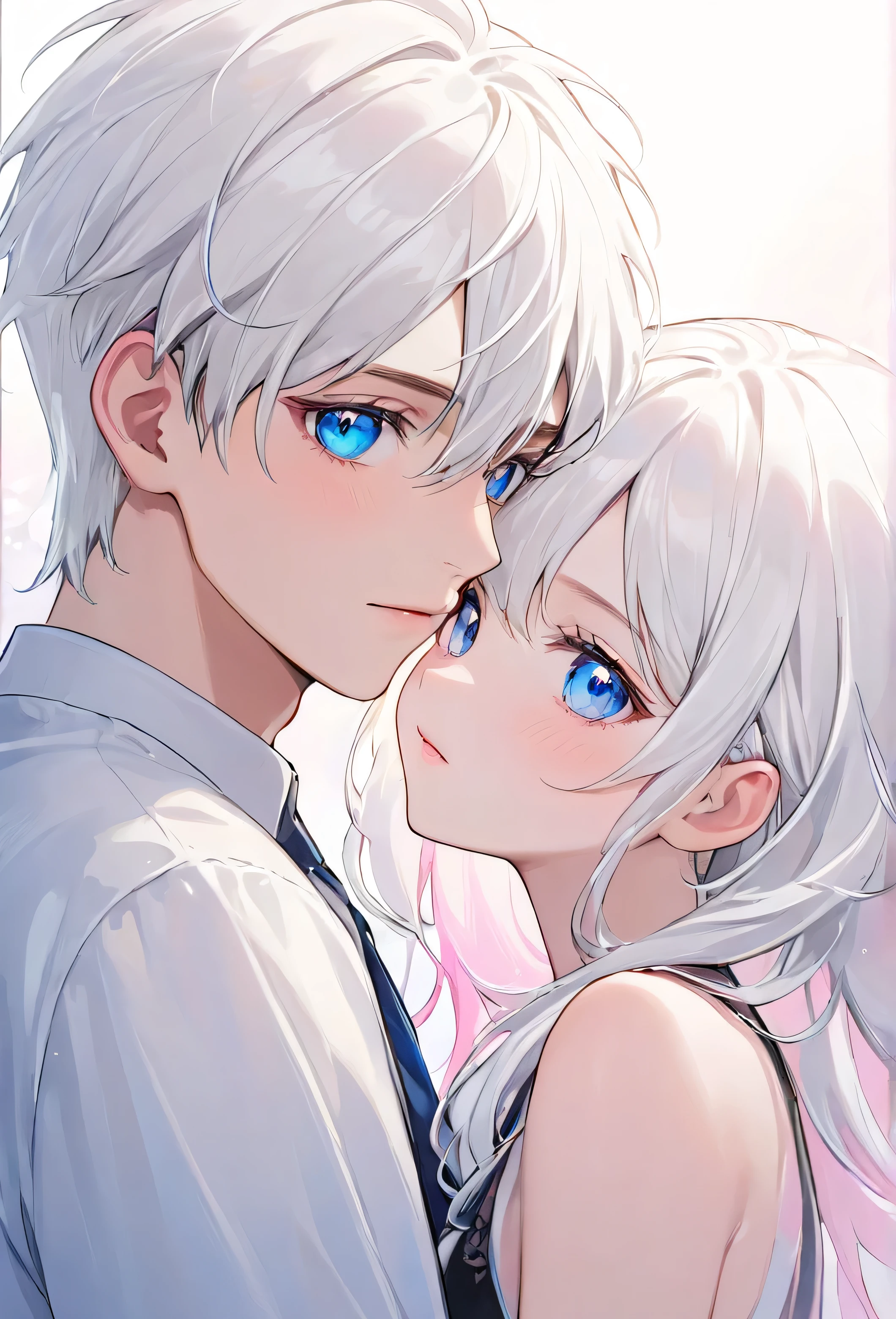 Couple 1 girl and 1 boy, white hair with pink tips, blue eyes, ultra-detailed, beautiful face,