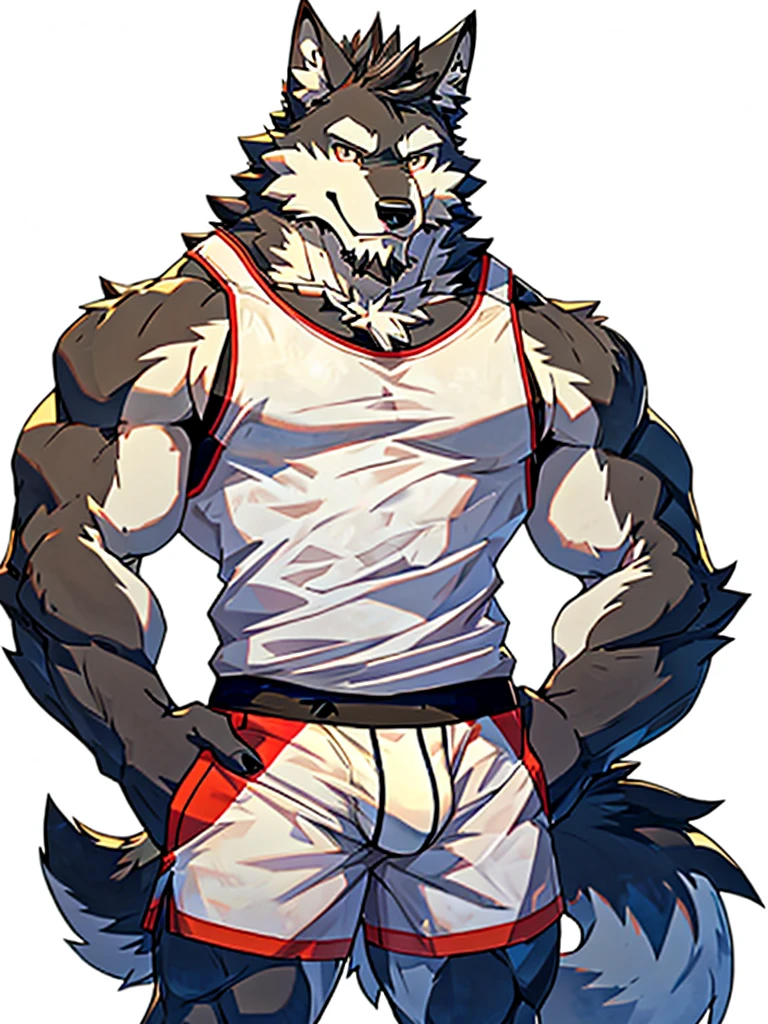 white background, front view, hands on hips, muscular male, male, furry, wolf, wolf ear, tail, beard, wearing tank top, wearing boxer briefs, looking at viewer, shy, smiling, happy