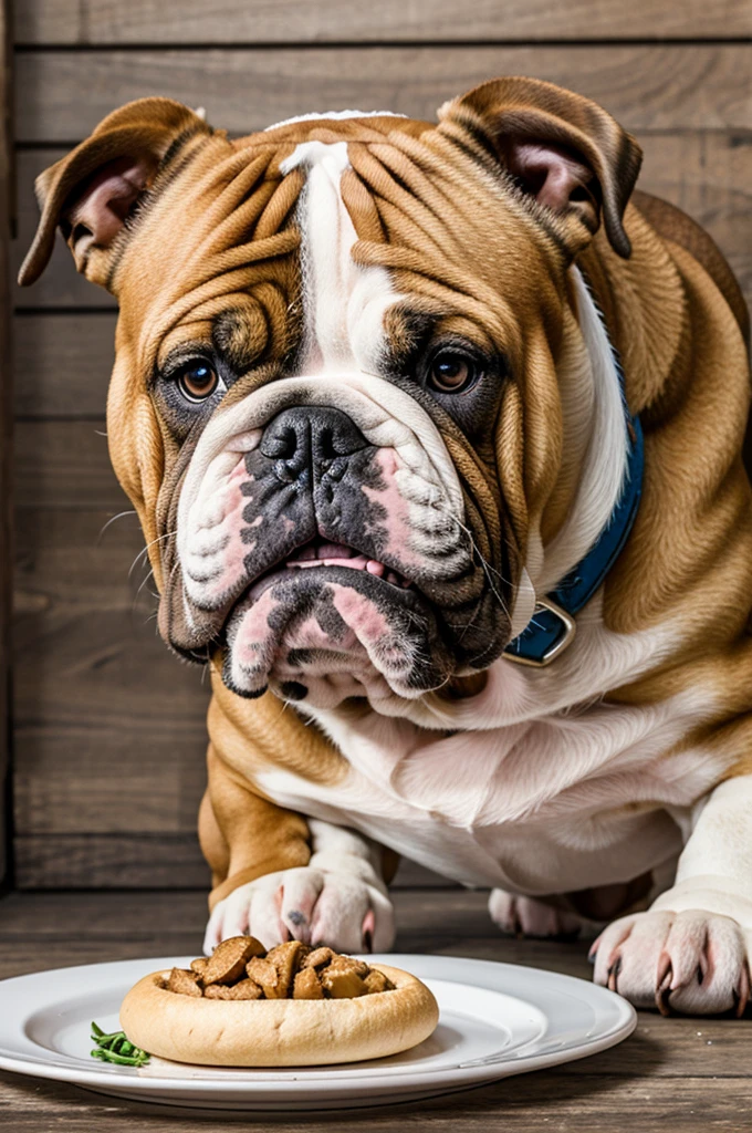 A bulldog dog eating