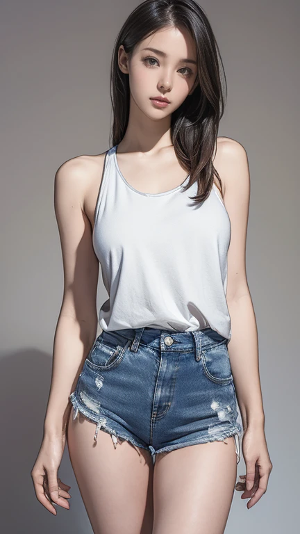 (masterpiece, Highest quality:1.2), One girl, alone, Are standing_Split, Long Hair, White sleeveless tank top, Blue Denim Shorts、Standing on one leg, masterpiece, anatomically correct, textured skin, high details, best quality, 16k