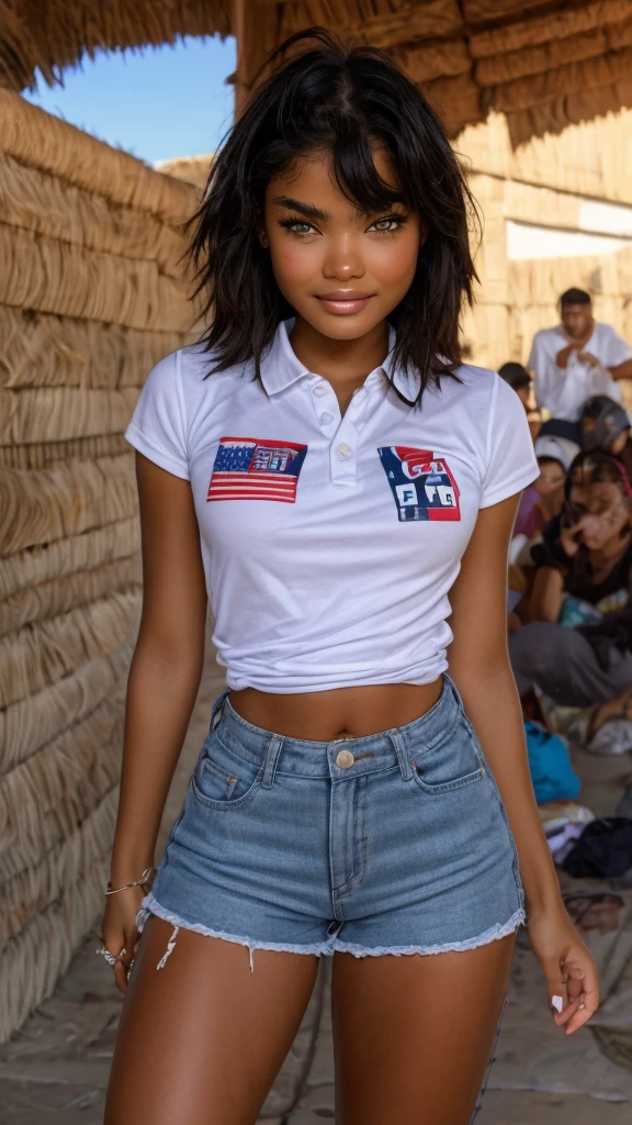 Cute girl with the polo of the Peruvian team with short shorts