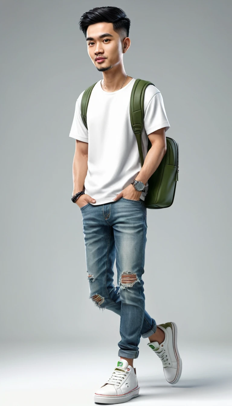 Make a realistic 3D caricature with a big head, a handsome Indonesian young man, 25 years old, short black hair, side parted, white t-shirt, ripped blue jeans, wearing an olive-colored waistbag, olive-colored sneakers, holding a cell phone, facing forward, sitting alone on a realistic green square box with a logo. "WhatsApp" with a solid white background, HD quality images