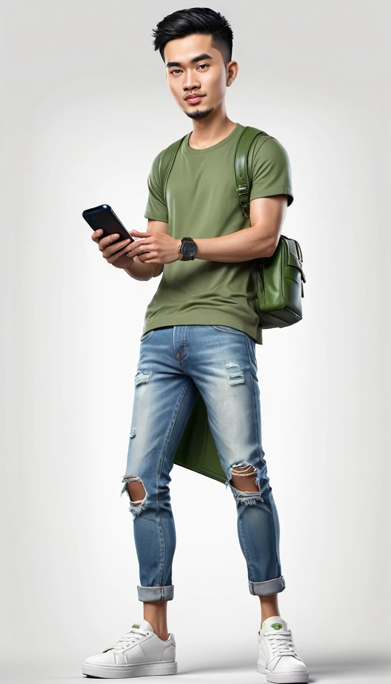 Make a realistic 3D caricature with a big head, a handsome Indonesian young man, 25 years old, short black hair, side parted, white t-shirt, ripped blue jeans, wearing an olive-colored waistbag, olive-colored sneakers, holding a cell phone, facing forward, sitting alone on a realistic green square box with a logo. "WhatsApp" with a solid white background, HD quality images