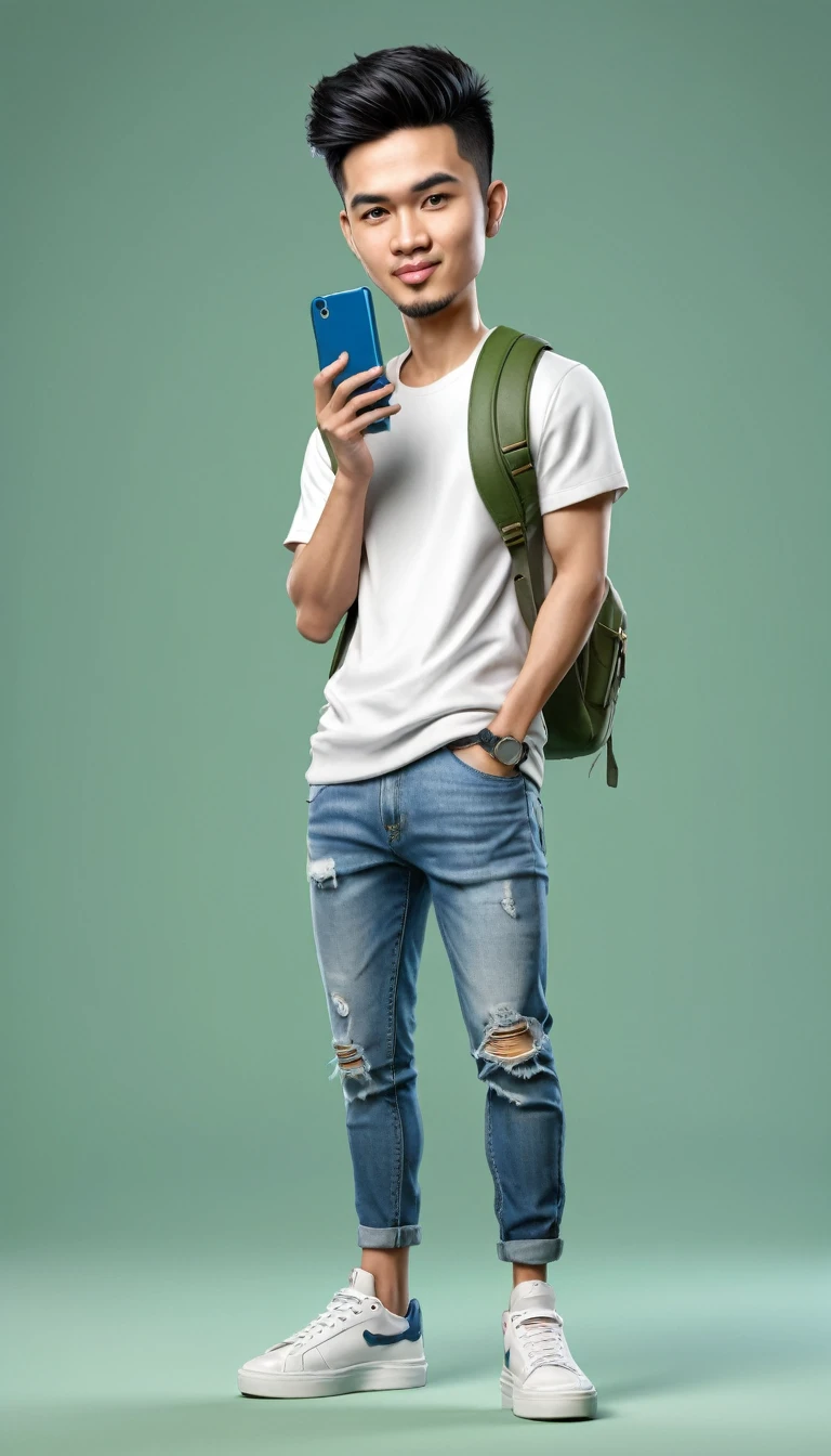 Make a realistic 3D caricature with a big head, a handsome Indonesian young man, 25 years old, short black hair, side parted, white t-shirt, ripped blue jeans, wearing an olive-colored waistbag, olive-colored sneakers, holding a cell phone, facing forward, sitting alone on a realistic green square box with a logo. "WhatsApp" with a solid white background, HD quality images