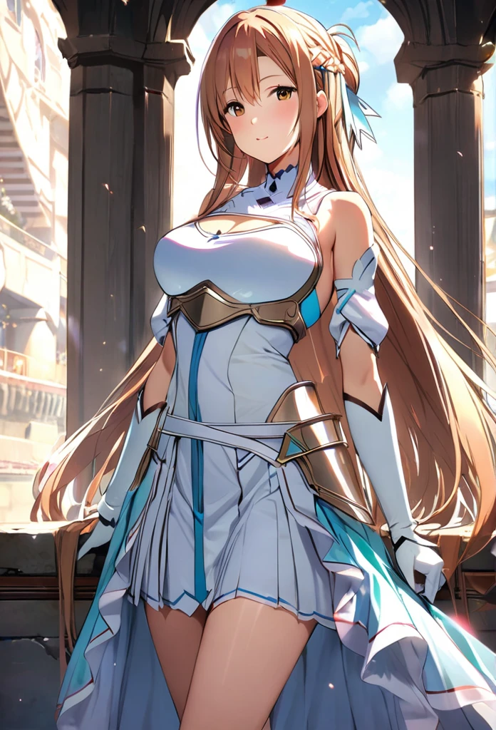 ((masterpiece)), Highest quality, Very detailed,(One Girl),Yuki Asuna、Asuna (stay),  bare shoulders, breastplate, armor, detached sleeves, gloves, white gloves, dress, white dress, Long Hair,Beautiful background ,Clothing,  chest, Bent body,Lie in, Look to the side, Worried face, The female genitals are in full view, Drunk look, Hot body、Sweaty、Spread your legs, Ecstasy, Opening the vagina with your fingers、Female genitalia seen deep inside、 Browsing Caution,